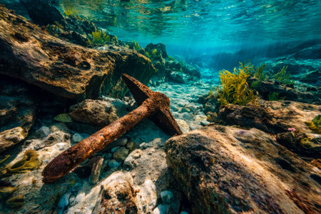 An aged, corroded anchor rests among smooth stones and lush aquatic foliage beneath transparent...