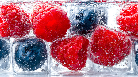 Juicy red and blue berries float in crisp, icy water, creating a refreshing, sparkling scene perfect...