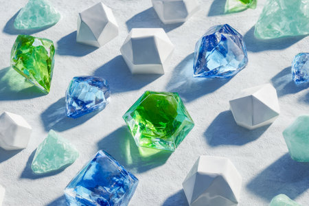 Vibrant faceted stones and intricate paper art cast playful shadows on a luminous background, creating a lively composition of craftsmanship and vivid color interplay.の写真素材