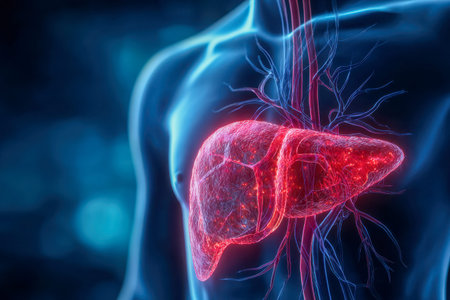 A vibrant 3d visualization showcasing a luminous human liver within a see-through torso, revealing...