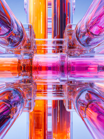 A shimmering, multi-layered glass creation featuring bold pink, orange, and purple tones, embodying a sleek, innovative aesthetic perfect for modern art and design.の写真素材