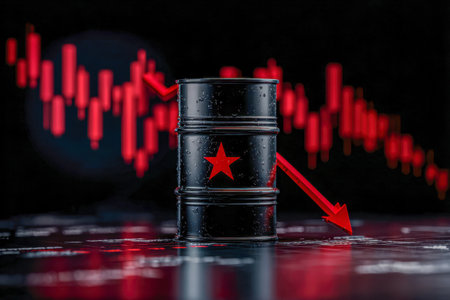A dark oil container marked with a bold red emblem stands amidst a plunging red graph, symbolizing declining energy costs and shifting worldwide consumption patterns.の写真素材