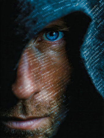 An enigmatic figure with piercing blue eyes cloaked in shadow, immersed in cascading digital symbols that evoke themes of cybersecurity and clandestine digital warfare.の写真素材