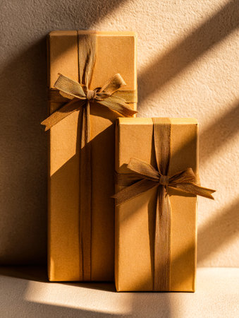 Sun-kissed gift packages delicately adorned with earthy-toned wrapping and satin ribbons, evoking...