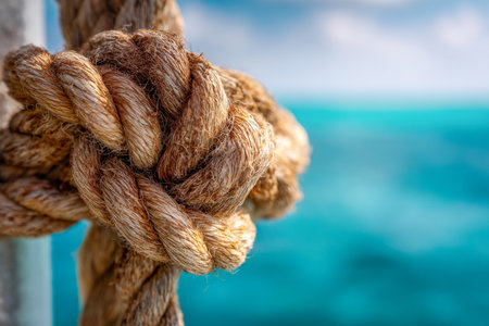 A close-up of a rugged, organic fiber cord securely knotted, set against a softly blurred tropical shoreline, bright sunlight illuminating the scene under a crisp sky.の写真素材