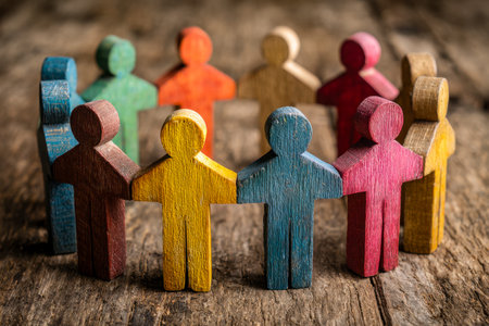 Vibrant, handcrafted wooden sculptures depict a diverse group coming together, highlighting harmony...