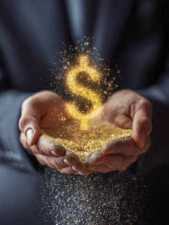 A hands cupped together cradle a radiant, shimmering emblem of prosperity, radiating golden light and sparkling fragments that symbolize financial achievement amidst a daの写真素材