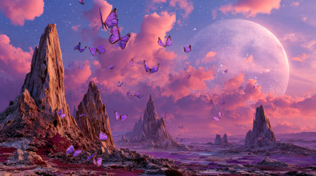 A dreamlike purple terrain features majestic spires, delicate butterflies fluttering across an enchanted sky, illuminated by a luminous moon casting an otherworldly glow.の写真素材