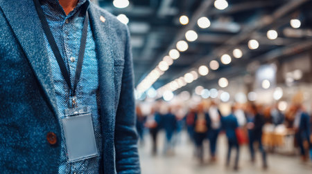 A professional individual in a tailored blazer with an identification tag navigates a vibrant, well-lit conference environment bustling with eager participants.の写真素材
