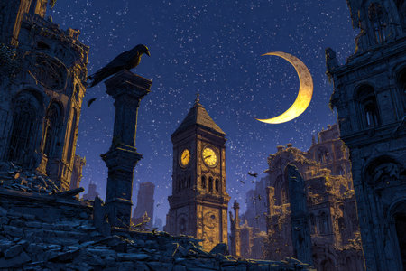 Moonlight illuminates ancient Gothic ruins silhouetted against a twinkling sky, a solitary crow observing from a weathered column amid the tranquil nocturnal silence.の写真素材