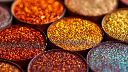 A detailed view of shimmering, richly pigmented cosmetic powders in striking hues, showing their radiant texture and eye-catching brilliance perfect for bold looks.の写真素材