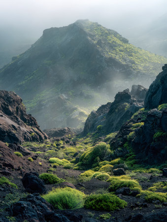 Verdant hills roll gently beneath a towering mountain shrouded in morning mist, creating a tranquil scene infused with natural harmony and untouched beauty.の写真素材