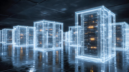 An advanced digital hub featuring luminous, floating server arrays amidst sleek, neon-lit...