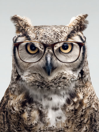 An elegant owl sporting trendy spectacles, revealing intricate feather designs and intense gaze, set against a minimalistic backdrop that highlights its regal presence.の写真素材