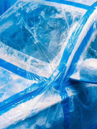 A detailed shot of a vehicle shrouded in transparent film, prepared meticulously for transit or long-term safekeeping.の写真素材