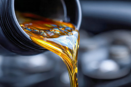 Rich, amber-colored oil streams gracefully from a container, set against a softly focused engine,...