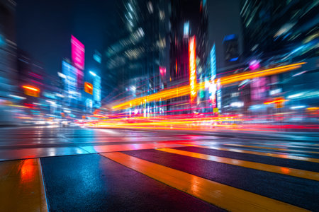 Vibrant neon signs illuminate the busy streets as swift streaks of headlights and taillights weave through the nocturnal cityscape, capturing urban energy and motion.の写真素材