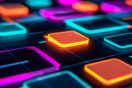 A dynamic display of luminous geometric shapes an intricate web of digital pathways, set against a sleek dark grid to evoke advanced tech innovation and connectivitの写真素材