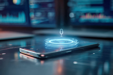 A sleek, contemporary device showcases advanced voice command features, illuminated by a luminous...