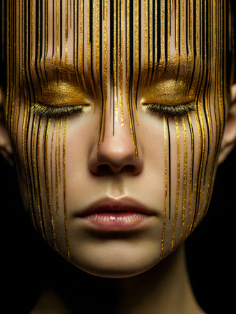 A captivating woman gazes intensely, her face adorned with bold gold and black stripes, complemented...