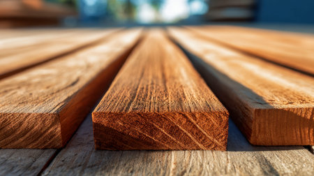 Warm sunlight accentuates the intricate wood grain of weathered outdoor planks, creating a rustic...