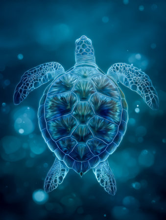 A luminous sea creature glides through an enchanted blue abyss, its detailed shell shimmering with elaborate patterns amid a serene, mystical aquatic realm.の写真素材