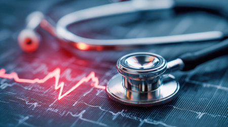 A detailed view of a medical stethoscope resting atop a screen displaying vibrant red electrocardiogram patterns, highlighting heart health and diagnostic technology.の写真素材