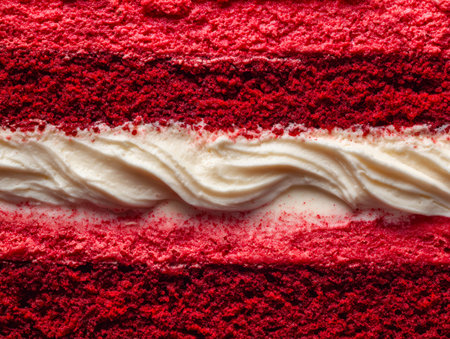 A rich, velvety slice adorned with smooth cream cheese frosting, topped with a gentle dusting of...