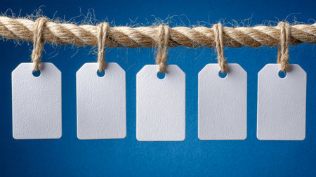 Five pristine white tags, uniformly spaced, dangle from a rugged natural fiber cord, set against a textured blue canvas, perfect for creative labeling or decorative displの写真素材