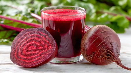 A vivid purple beverage in a clear glass, surrounded by fresh beets with lush green leaves, all...