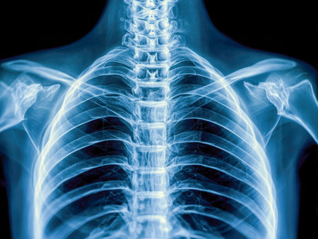 An advanced visualization highlighting the upper body's skeletal structure, including vertebrae, rib...
