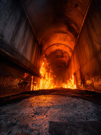 A blazing inferno erupts inside a narrow tunnel, with luminous flames illuminating charred walls and...