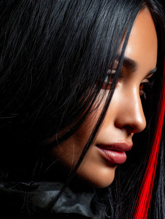 A serene woman with sleek black hair and flawless complexion gazes softly, embodied elegance and calmness in a close-up shot suitable for beauty or lのeditorial素材