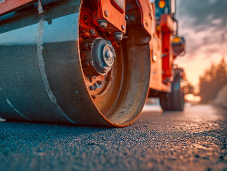 A detailed view captures a road roller's surface engaged in smoothing fresh asphalt as warm sunset...