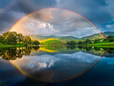 A stunning display of colors as a bold rainbow spans above verdant hills and a tranquil lake, bathed in the warm glow of sunset beneath a moody, cloud-filled sky.の写真素材