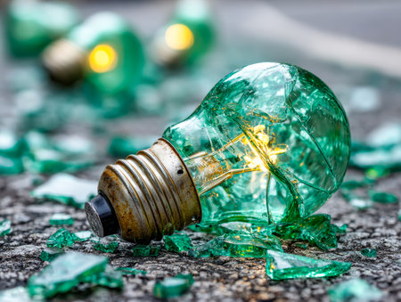 Jagged shards of emerald-tinted glass cascade across a surface, reflecting fragmented light and evoking a sense of sudden loss and fragile beauty.の写真素材