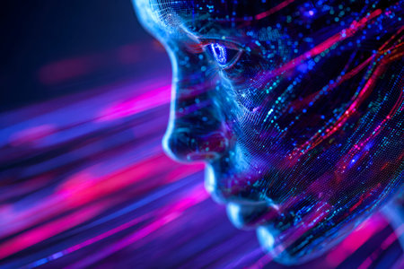 A sleek, high-tech portrait with glowing neon contours highlighting a cyber-inspired human visage,...