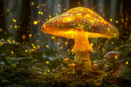 A luminous mushroom emits a gentle, enchanting light amid dense, mystical foliage, casting a warm...