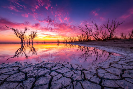 A stunning palette of fiery hues paints the sky as desolate, parched terrain and bare branches...