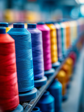 A lively spectrum of embroidery threads neatly lined up, their vivid shades and diverse textures...