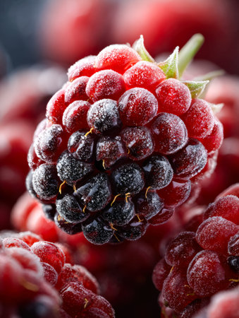 A detailed view showing a dense grouping of berries coated with a delicate frost, highlighting their...