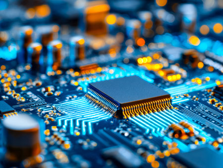 A detailed view of a sleek, futuristic circuit matrix illuminated by vibrant blue and shimmering...