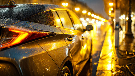 A sleek vehicle captures vibrant urban reflections on wet pavement, creating a moody, cinematic scene amid the glow of city nightlife.の写真素材