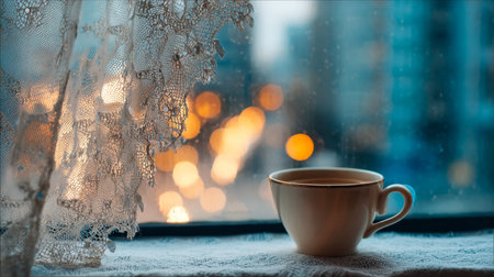 A tranquil sunrise filters through delicate lace drapes, illuminating a steaming mug and inviting a...
