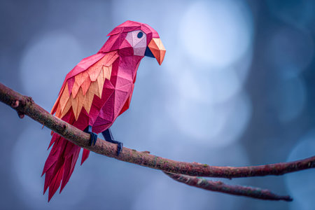 A lively paper bird in origami fashion rests gently on a thin branch, set against a blurred, soothing blue backdrop that evokes a sense of calm and wonder.の写真素材