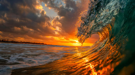 A vivid dusk sky ignites as a towering ocean crest folds dramatically, its frothy crest contrasting sharply against swirling storm clouds overhead.の写真素材