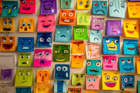 An vibrant array of sketch-style faces on sticky notes adorns a wall, radiating energy and diverse emotions in a playful, creative arrangement.の写真素材