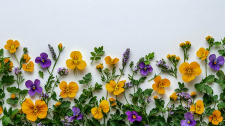 A lively cascade of yellow and purple blooms lines the bottom, creating a cheerful contrast against a clean, white backdrop.の写真素材