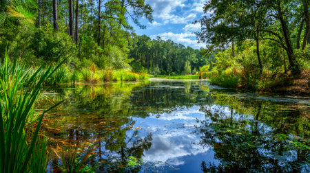 Tranquil woodland stream mirrors vibrant foliage and a clear azure sky, evoking peace and natural beauty in an untouched forest setting.の写真素材