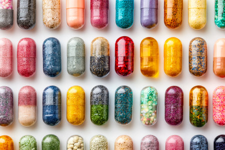 Vibrant, sparkling capsules featuring intricate textures and vivid hues are neatly organized in precise rows, creating a lively display of artistic ornamentation.の写真素材